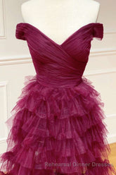 Off the Shoulder Burgundy Pleated Sheer Tiered Semi Formal Prom Dress